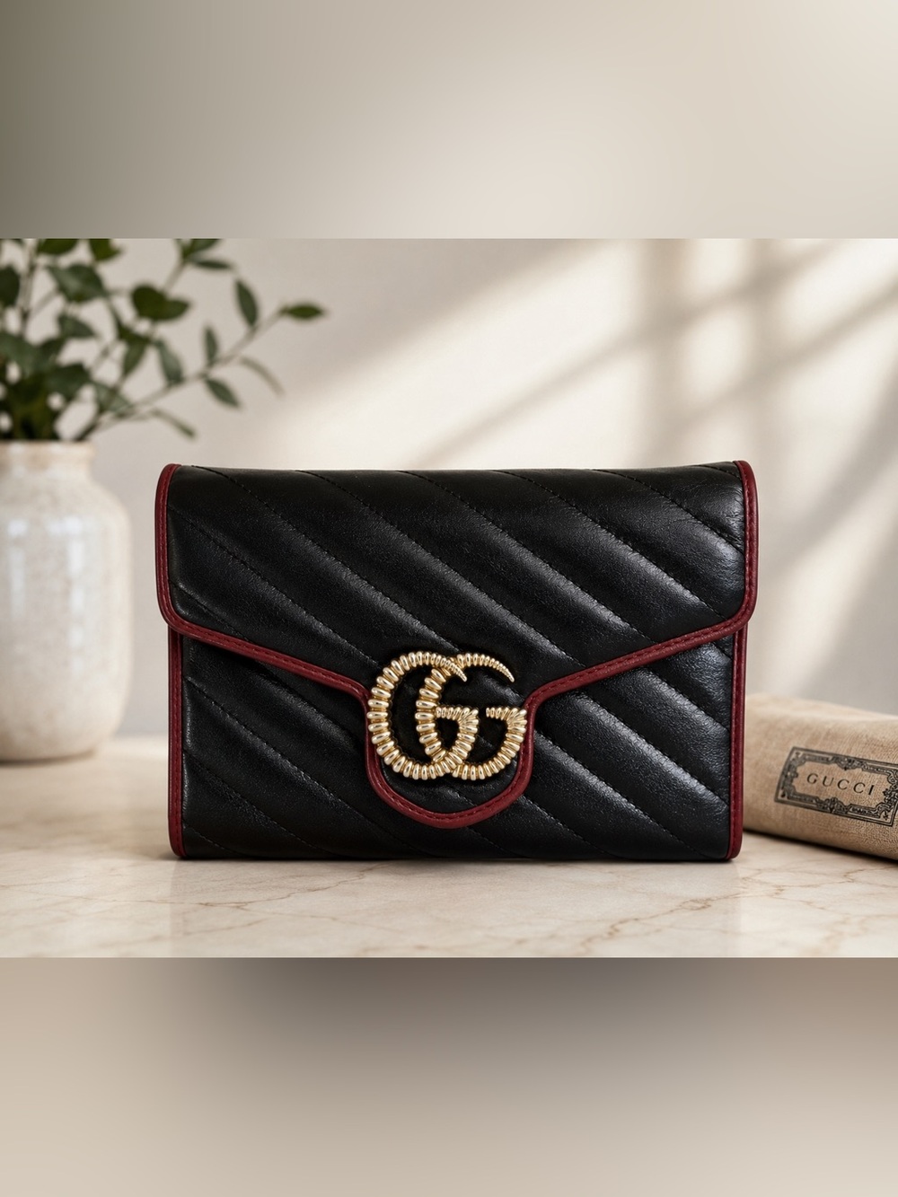 Gucci Marmot Black Leather Chevron Wallet with Red Trim and Gold GG